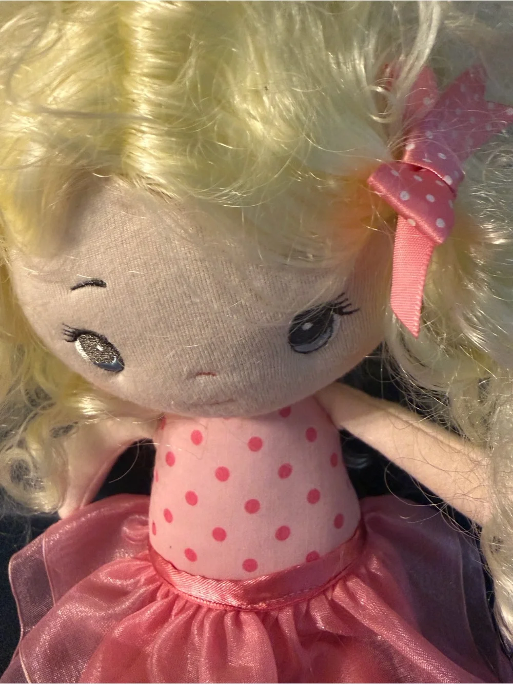 Aurora Plush Doll Blonde Curly Hair Pink Polka Dot Dress Small 10” 2015